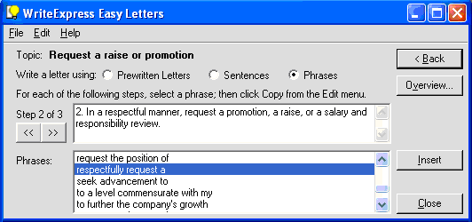 Phrases for each writing step